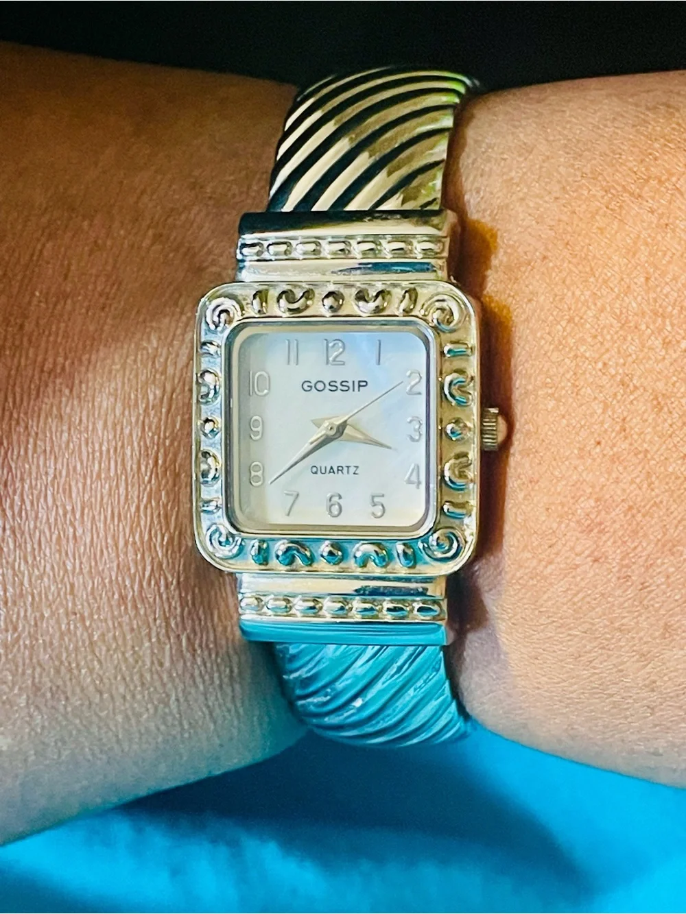 Gossip Silver-Tone Square Mother-of-Pearl Dial Cuff Bangle Watch. Size 8
